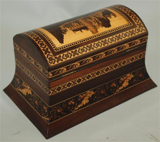 A Victorian rosewood and Tunbridge ware dome top stationery box, 10in.